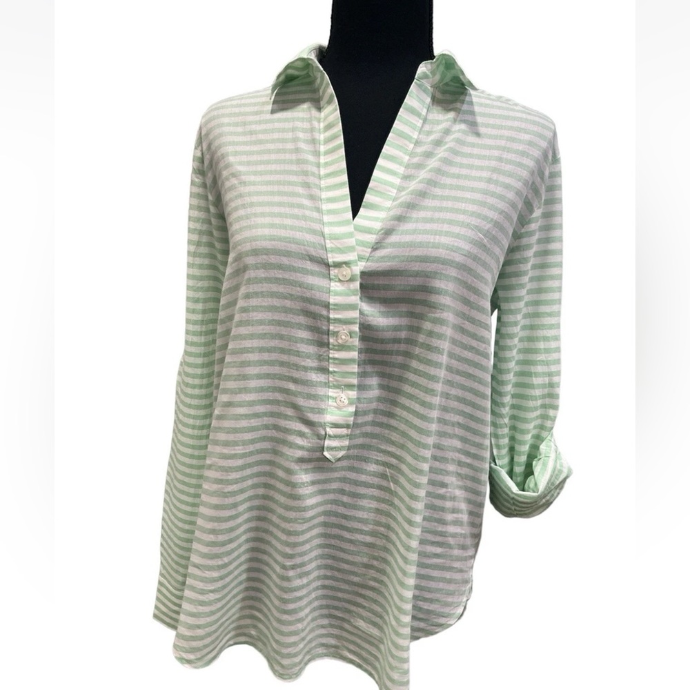 Ann Taylor Mint Green White Striped Cotton Popover Blouse Henley Size Small